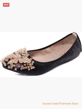 Foldable Rhinestone Pointed Toe Ballet Flats Comfortable Slip On Wedding Shoes